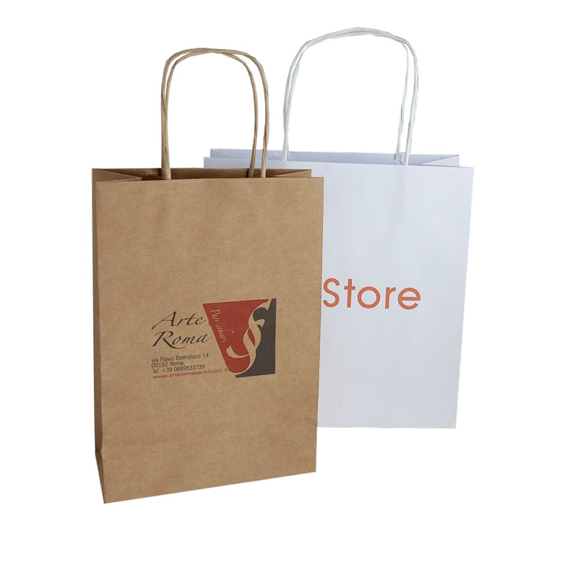 Shopper in carta avana o bianca e maniglia in carta ritorta stampa su area predefinita